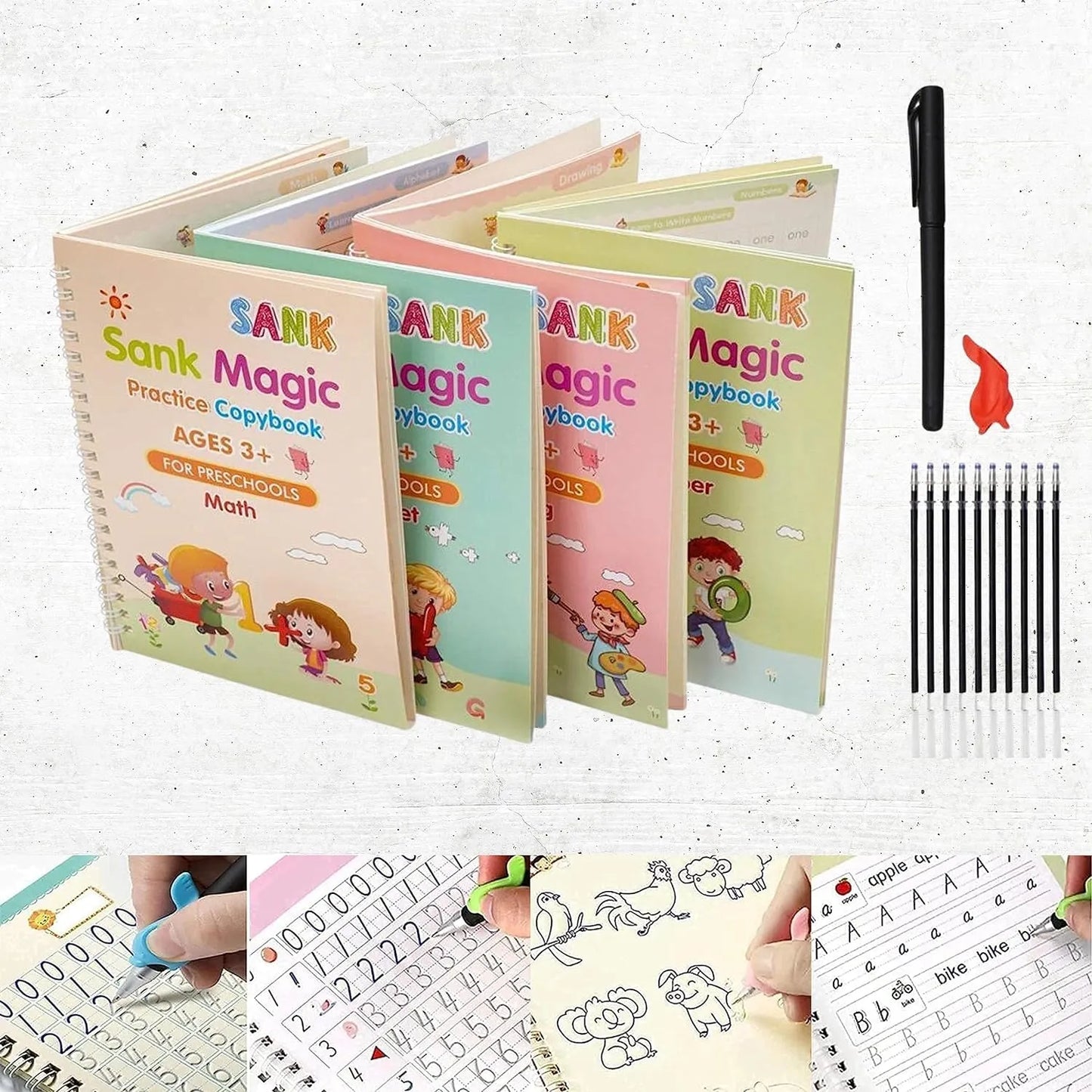 🤩KIT X 4 LIBROS DE CALIGRAFÍA TINTA MÁGICA REUTILIZABLE.