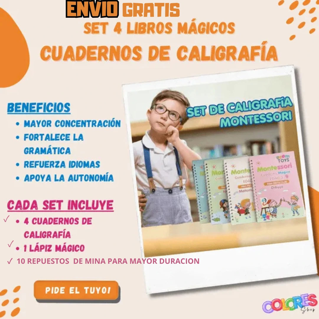 🤩KIT X 4 LIBROS DE CALIGRAFÍA TINTA MÁGICA REUTILIZABLE.