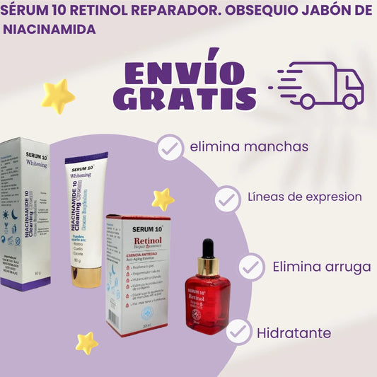 SERUM 10 RETINOL REPARADOR. OBSEQUIO JABON DE NIACINAMIDA